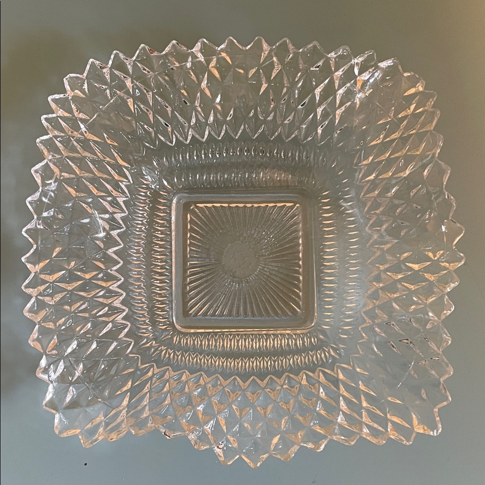 Indiana Glass Square Diamond Point & Hobnail Ruffled Pressed Glass Serving Bowl